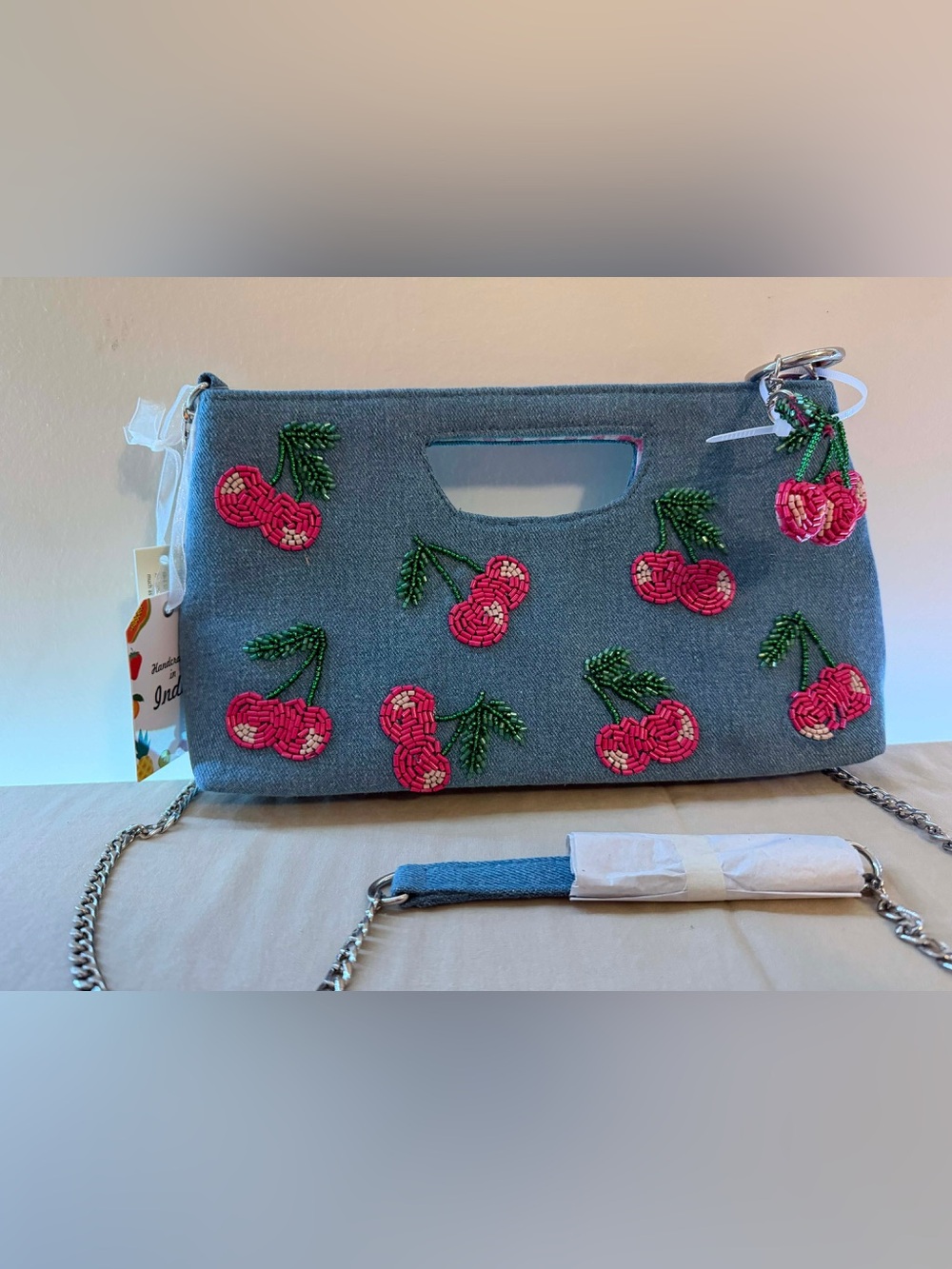 Embroidered Cherry Denim Crossbody Bag - Blue/Pink
